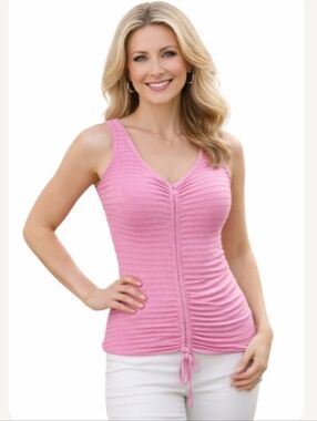 "Cache" Pink Misses (XS) Pretty Pink Ribbed Drawstring Top" Excellent Condition